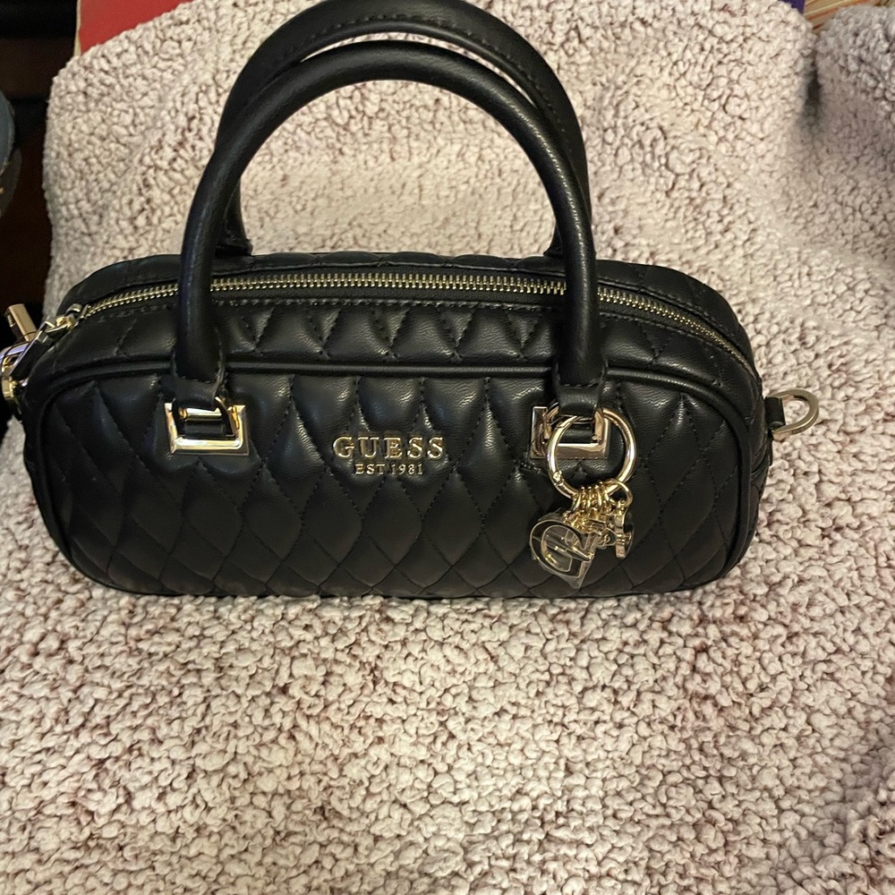 GUESS Black Quilted Mini Satchel with Gold Charm Hardware